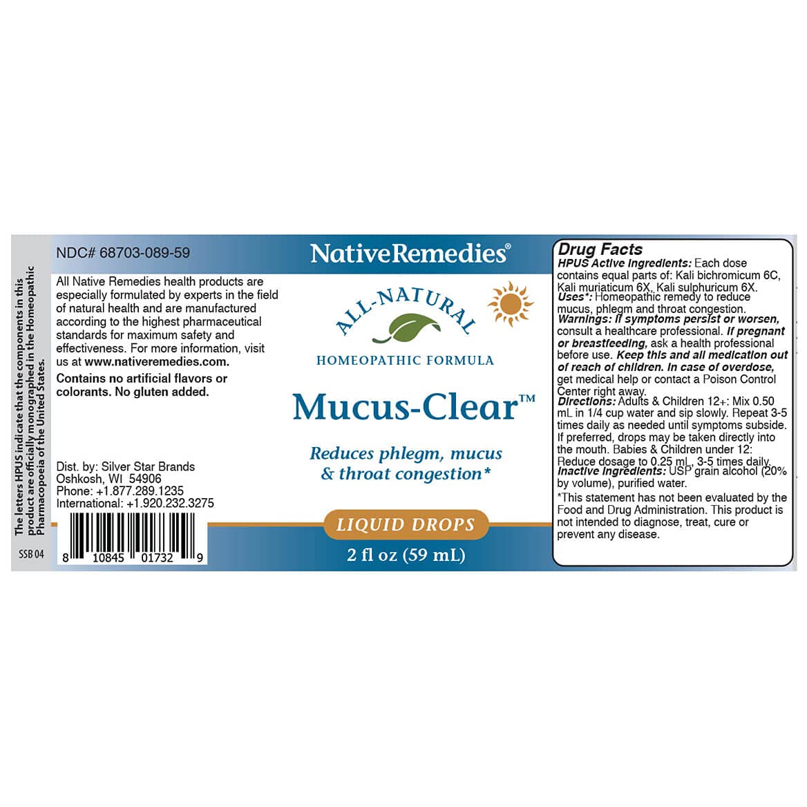 Packaging display of Mucus-Clear highlighting safe, natural ingredients.