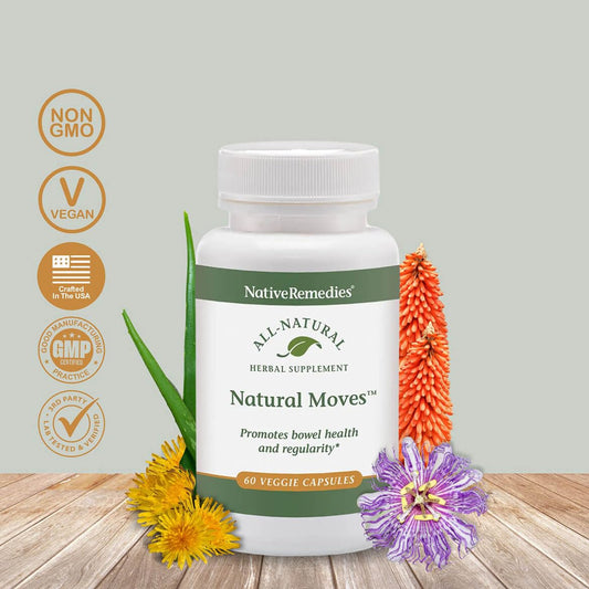 Close-up of Native Remedies Natural Moves capsules showing vegetarian formula