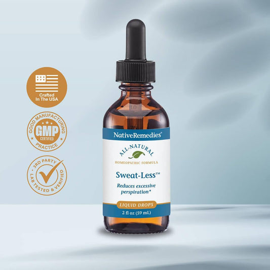 Native Remedies Sweat-Less bottle closeup highlights discreet nervous sweating support