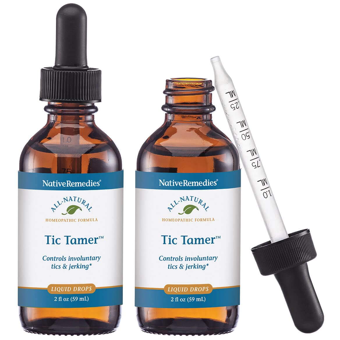 Native Remedies Tic Tamer bottle front with calming herbal tincture profile