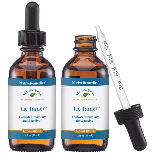 Native Remedies Tic Tamer bottle front with calming herbal tincture profile