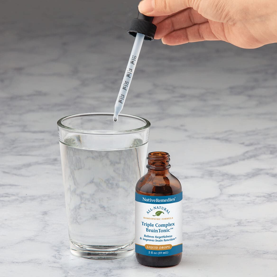 Native Remedies Triple Complex Brain Tonic tincture close-up with dropper