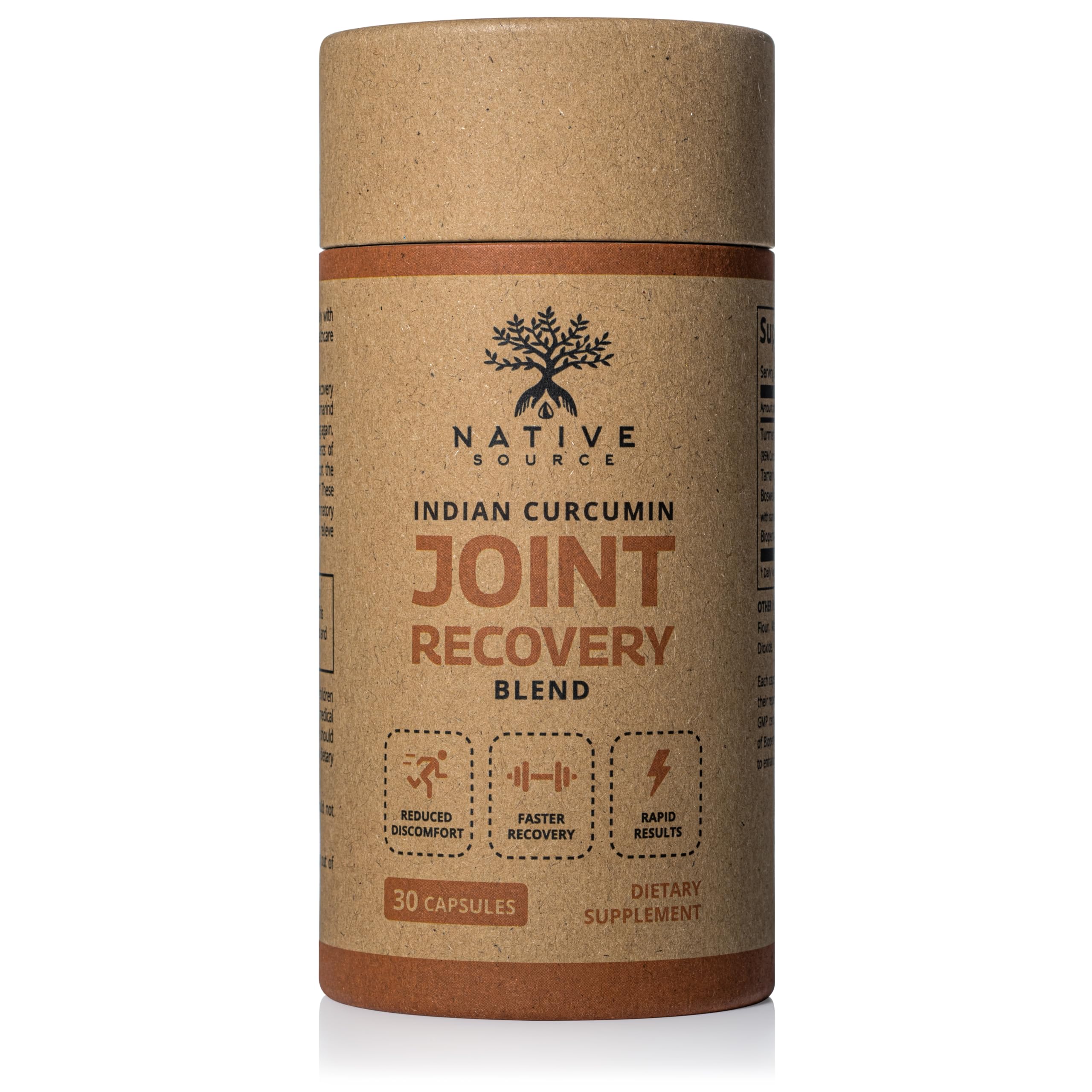 Native Source Indian Curcumin bottle front with sustainable, BPA-free packaging for daily joint support.