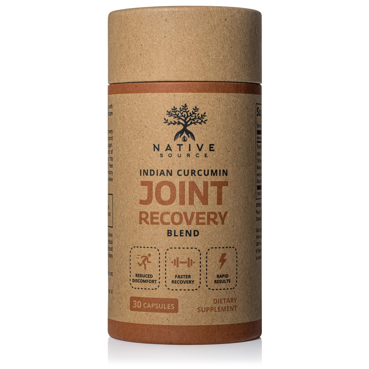 Native Source Indian Curcumin bottle front with sustainable, BPA-free packaging for daily joint support.