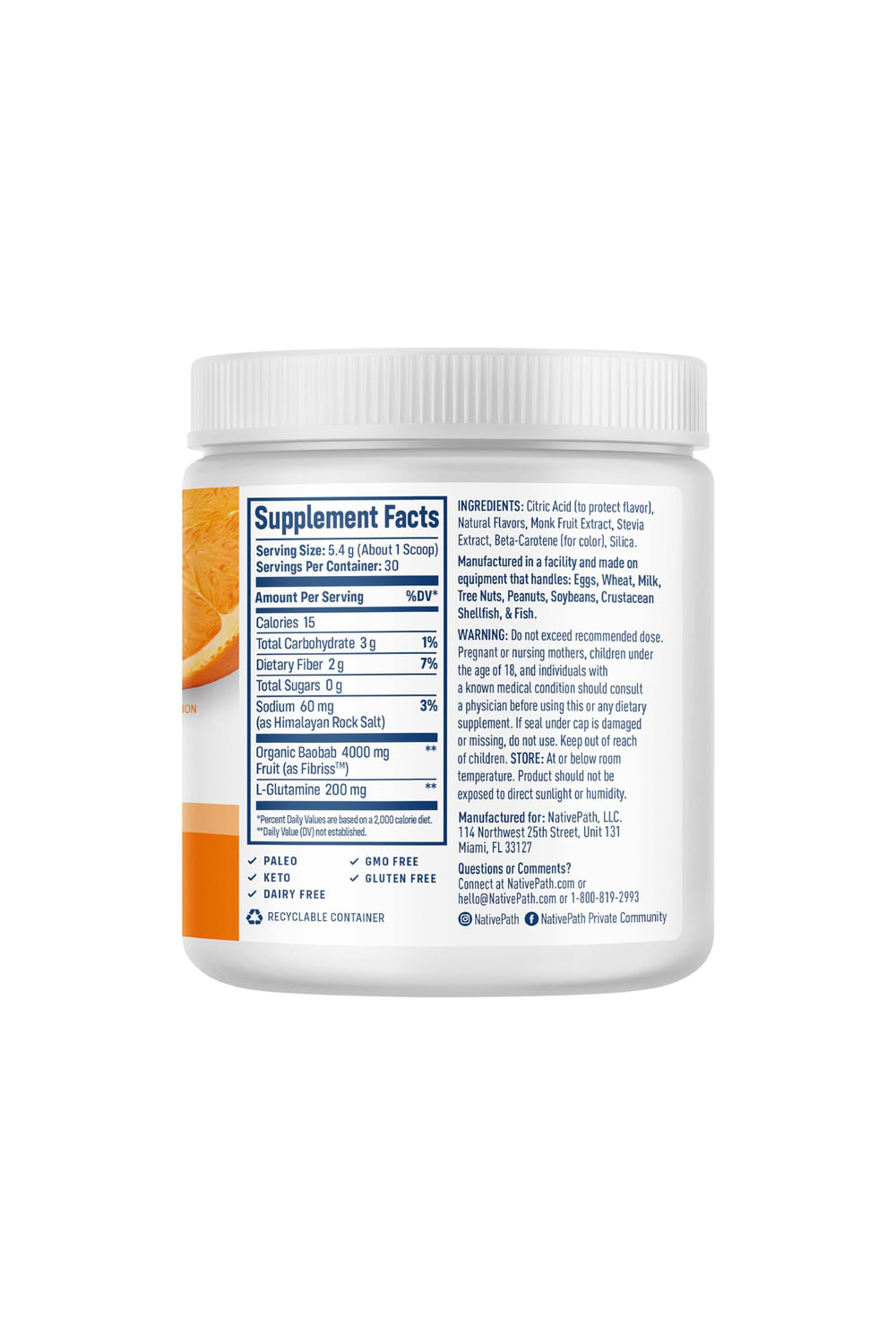 NativePath Baobab Prebiotic Fiber Powder orange twist in a glass.