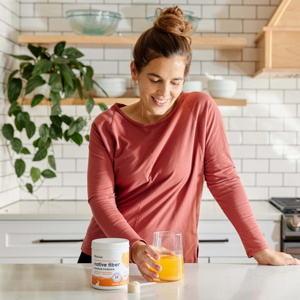 NativePath Baobab Prebiotic Fiber Powder packaging highlighting sustainability and purity.