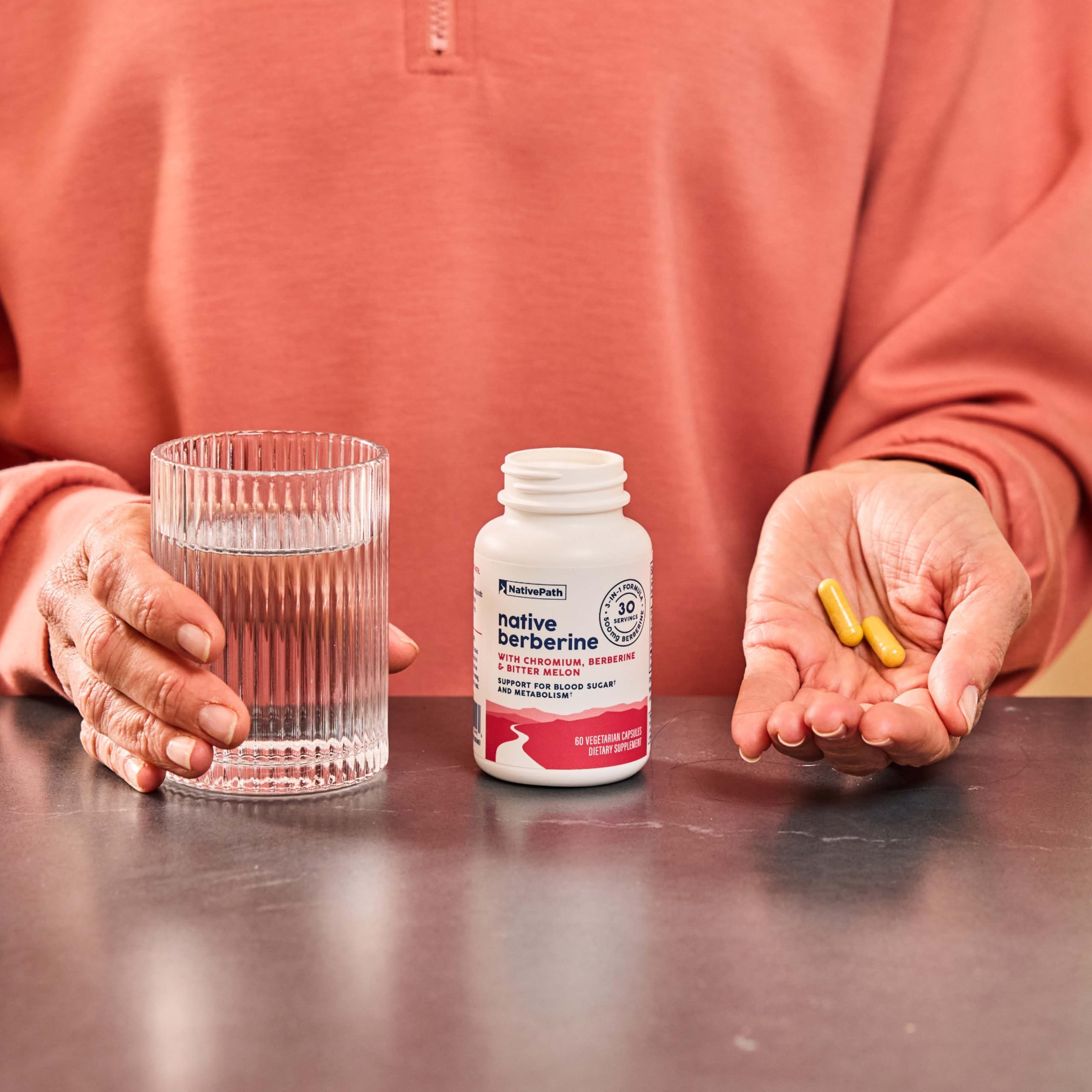 NativePath Berberine bottle with glass of water after meals.