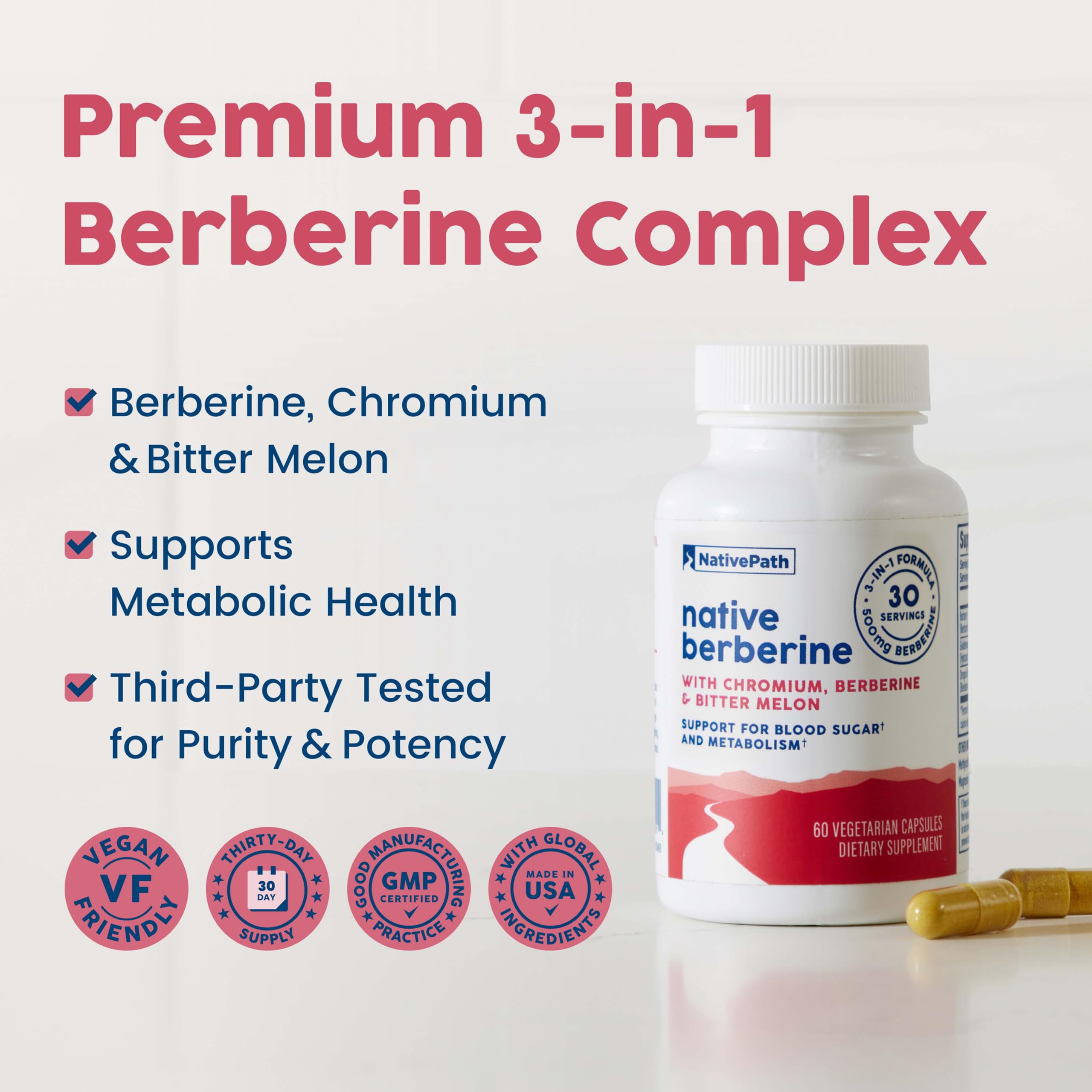 NativePath Berberine label highlights chromium and bitter melon ingredients.