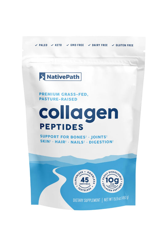 NativePath collagen peptides bottle front, clean label signaling purity and daily wellness support