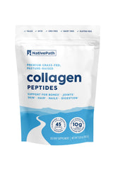 NativePath collagen peptides bottle front, clean label signaling purity and daily wellness support