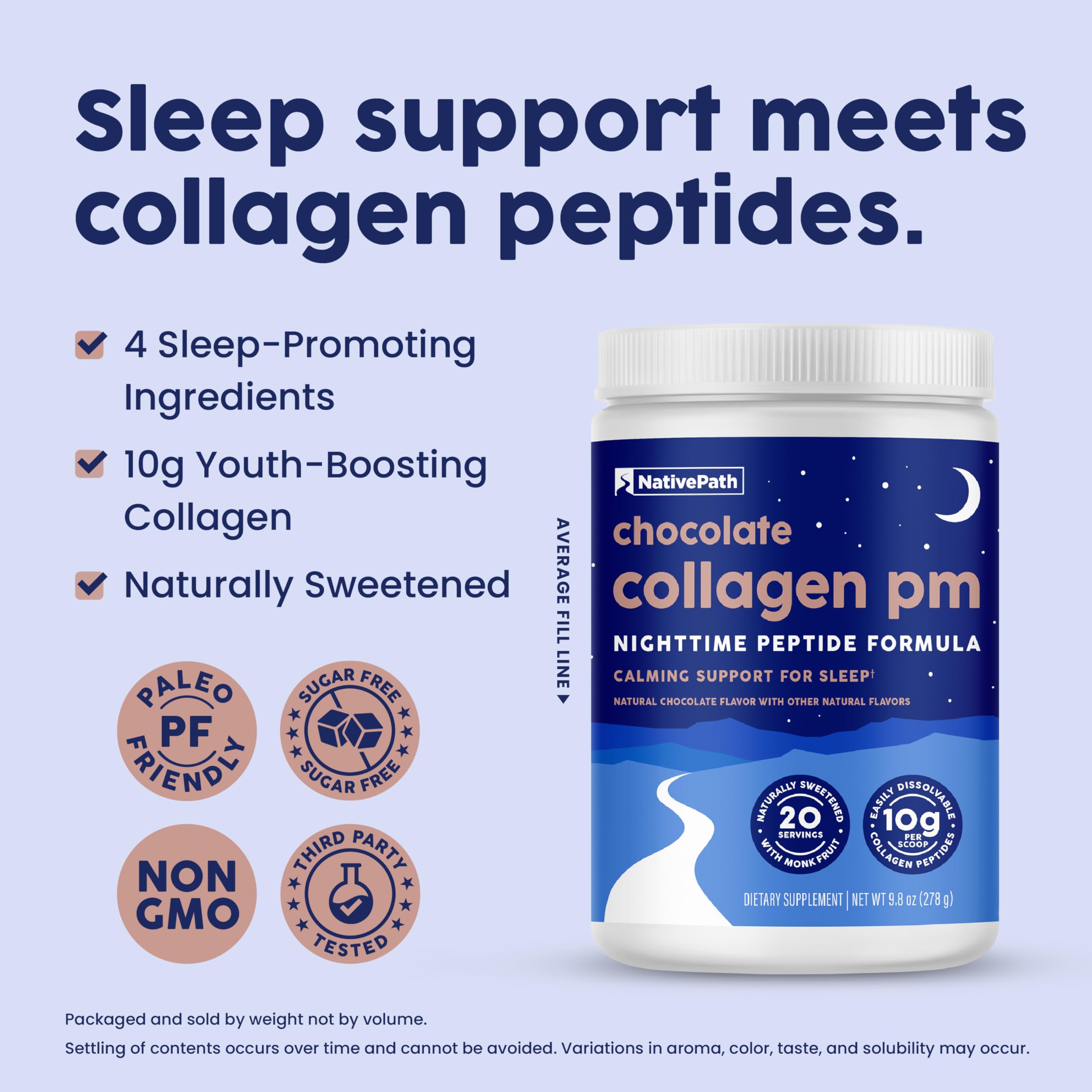 Bottle label close-up on NativePath Collagen PM highlighting purity.