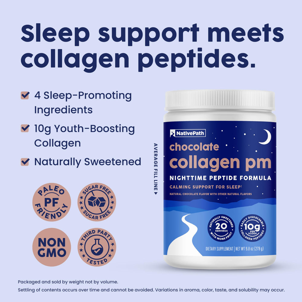 Bottle label close-up on NativePath Collagen PM highlighting purity.
