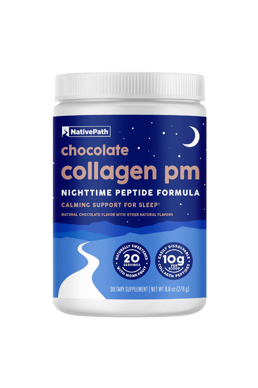 NativePath Collagen PM chocolate tub ready for nightly sleep support.