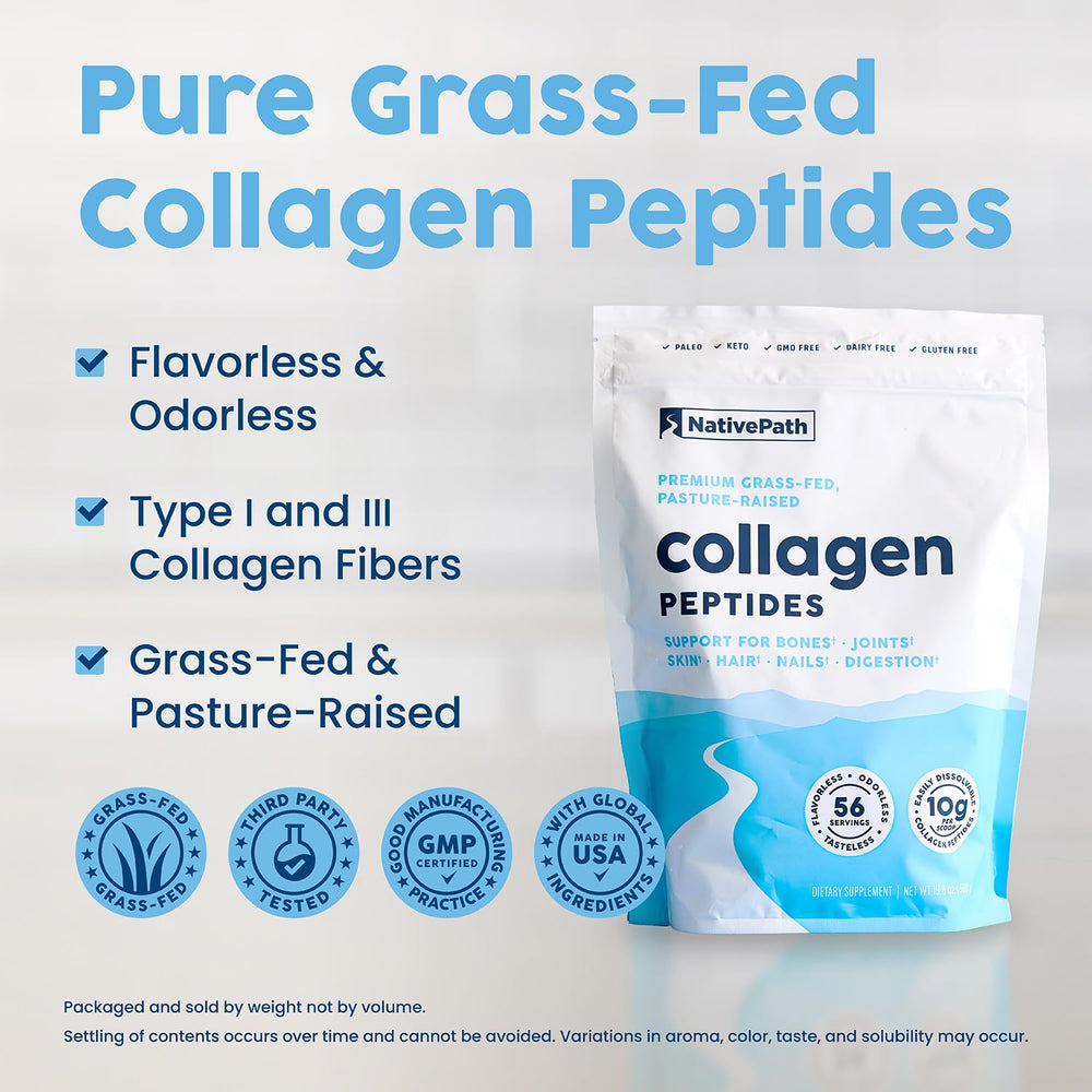 NativePath collagen powder science label emphasizes purity and pasture-raised sourcing.
