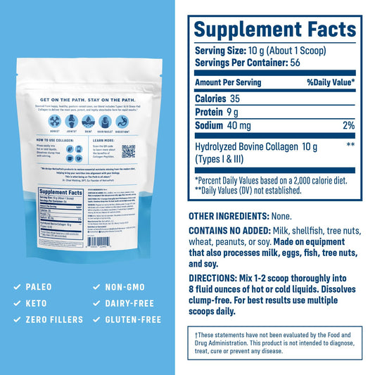 NativePath collagen powder tube label highlights type 1 and 3 collagen benefits.