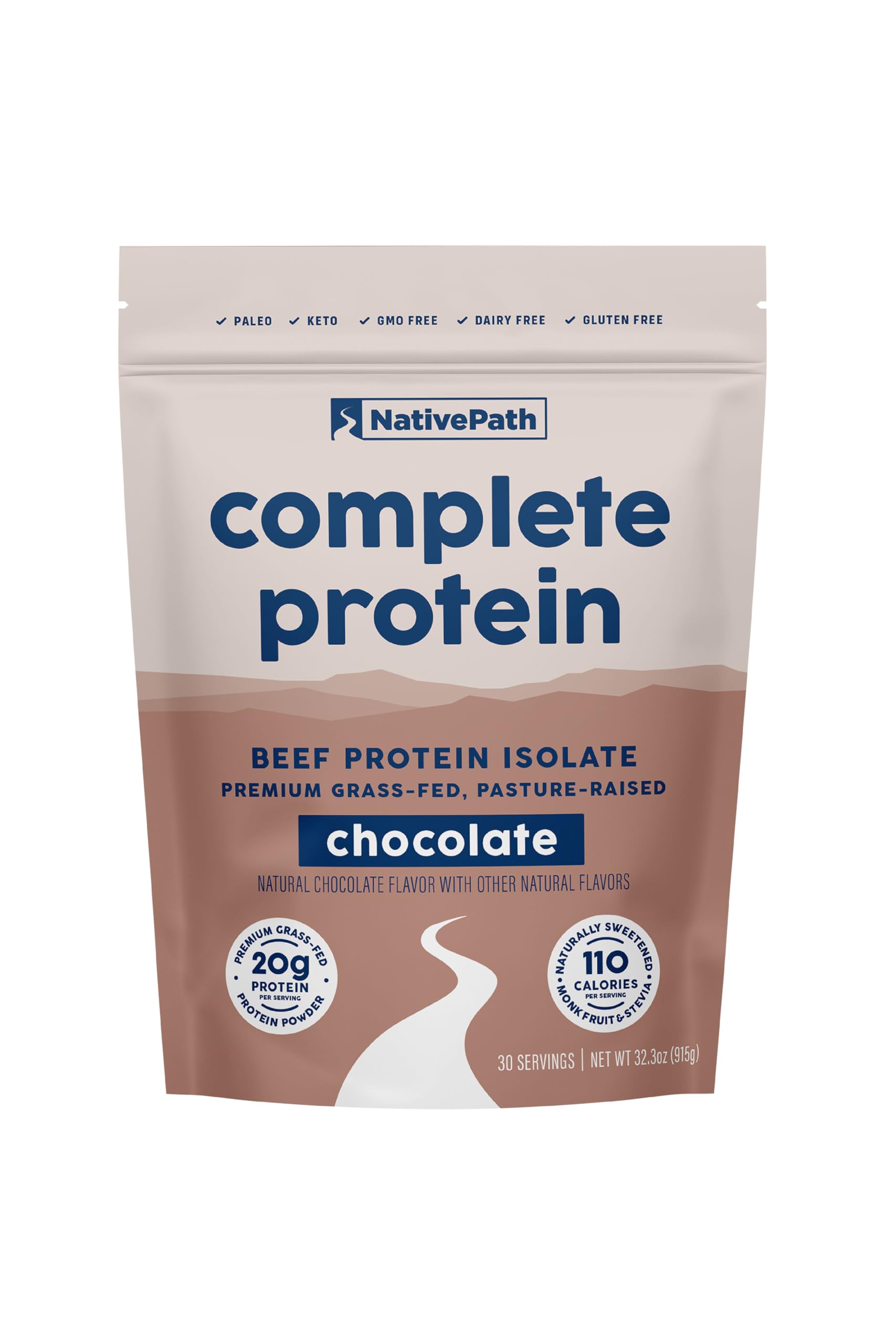 NativePath Complete Beef Protein Powder tub front showing chocolate flavor and dairy-free formula for keto-friendly use