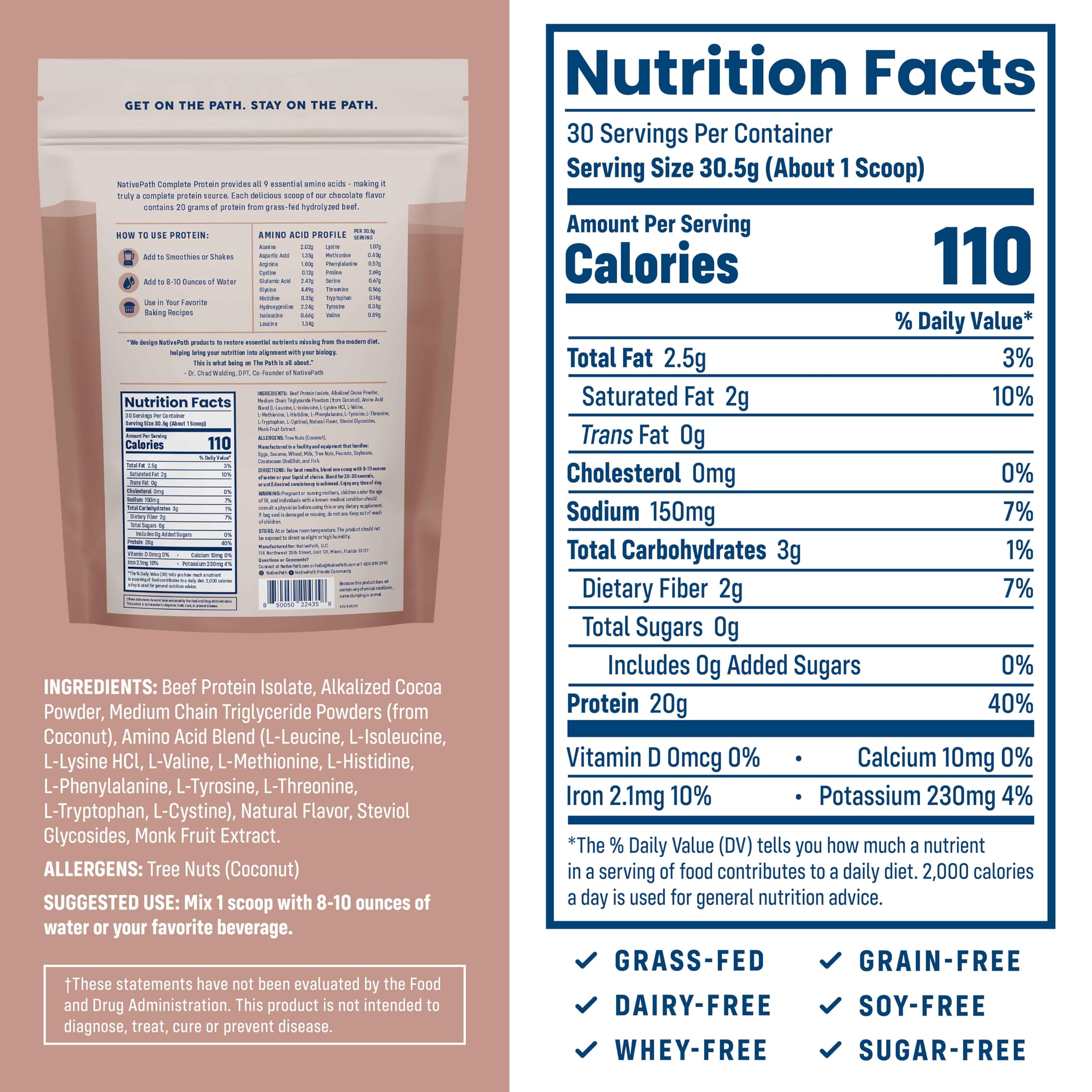 Close-up of NativePath label highlighting zero sugar and MCTs for energy support