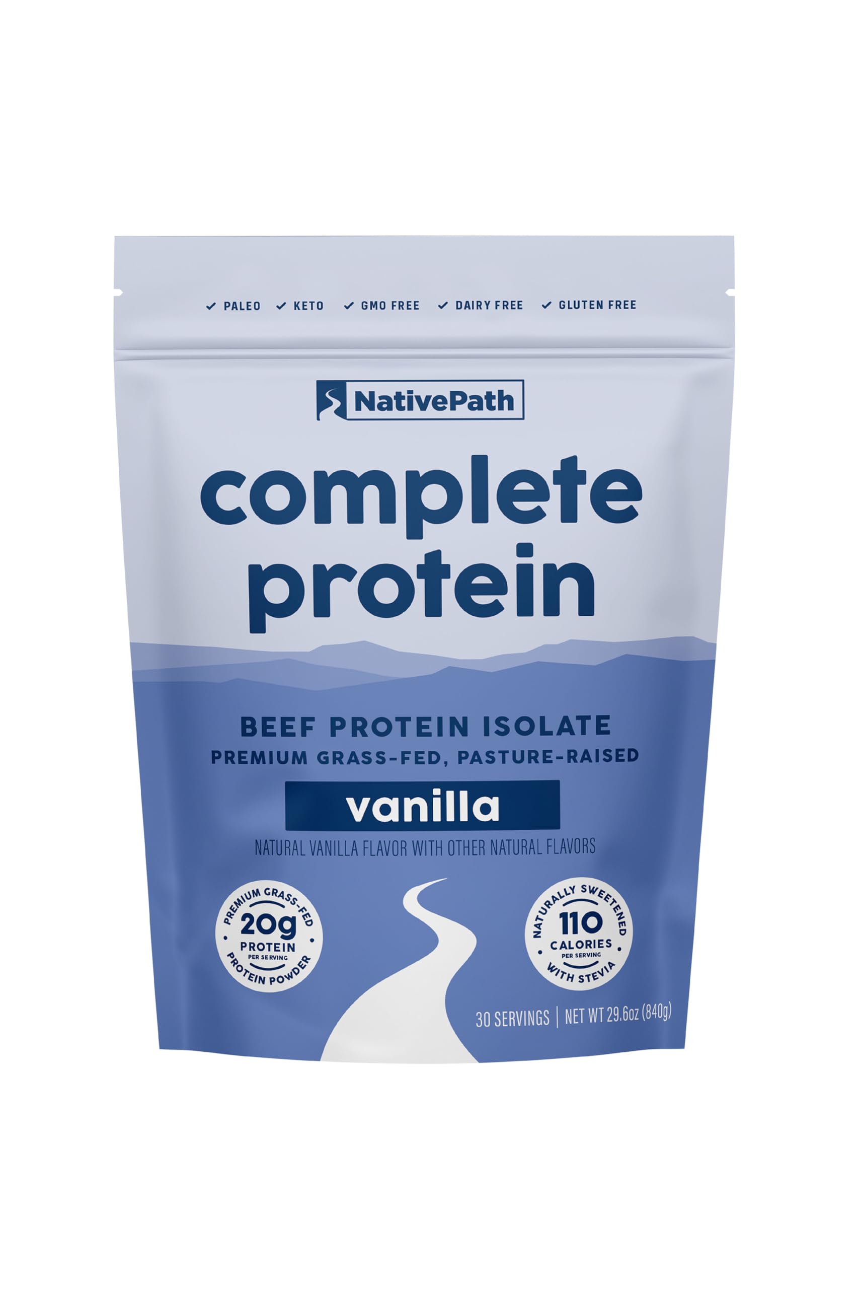 NativePath Complete Beef Protein Vanilla bottle highlights grass-fed protein for daily nutrition.