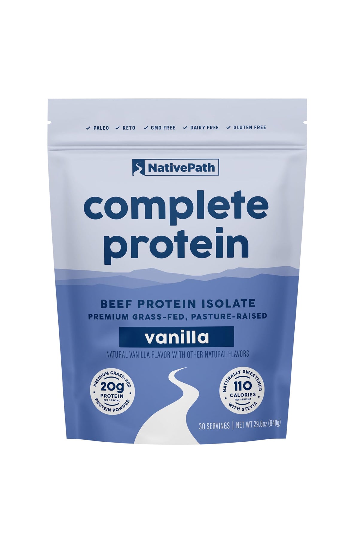 NativePath Complete Beef Protein Vanilla bottle highlights grass-fed protein for daily nutrition.