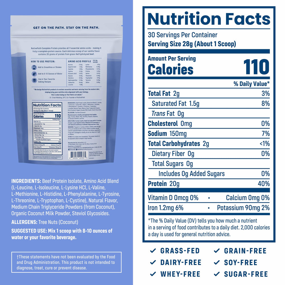NativePath Complete Beef Protein Vanilla scoop demonstrates precise measuring for quick shakes.