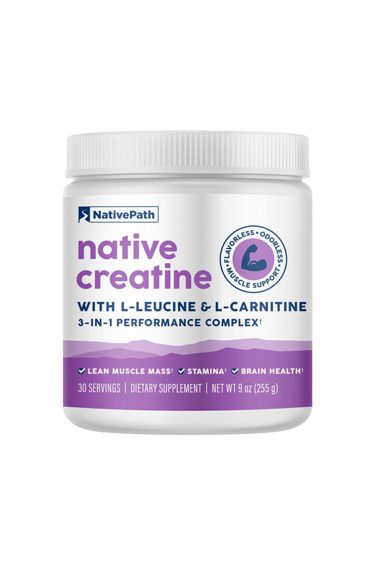 NativePath Creatine bottle close-up highlighting purity and 5g per serving