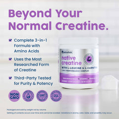 Close-up of powder blend showing Creatine Monohydrate with L-Leucine and L-Carnitine for performance