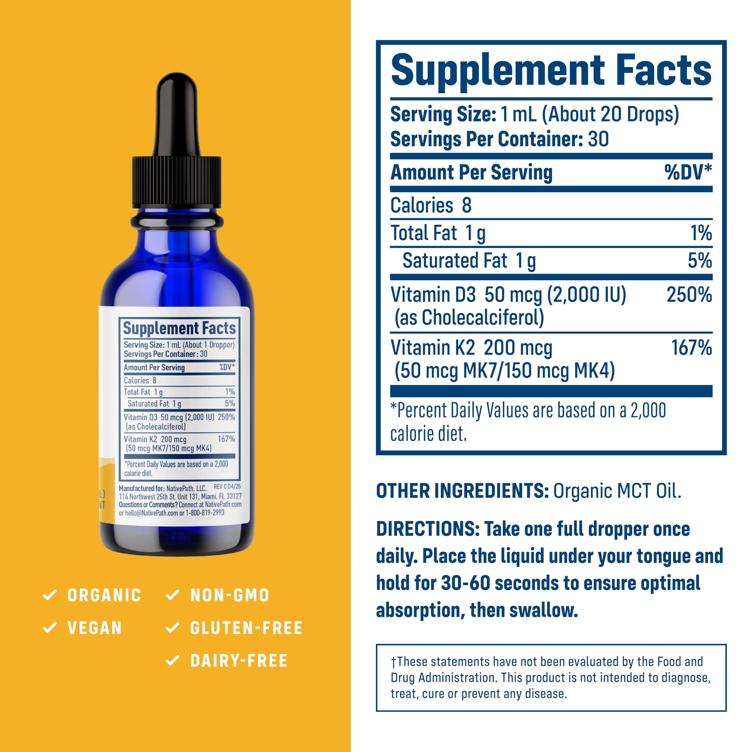 NativePath D3K2 tincture dropper dispensing for flexible dosing