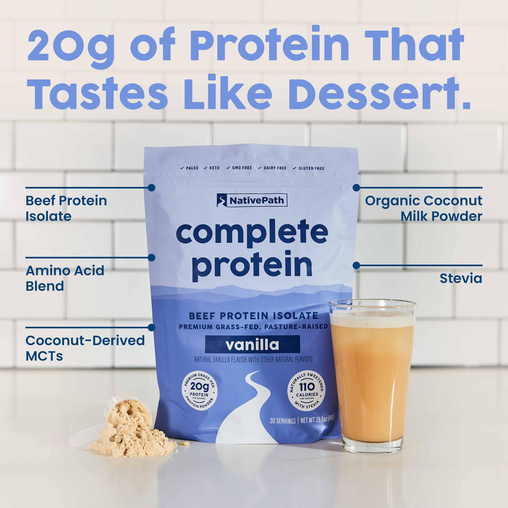 NativePath Dairy-free Beef Protein ingredients panel emphasizes clean nutrition.