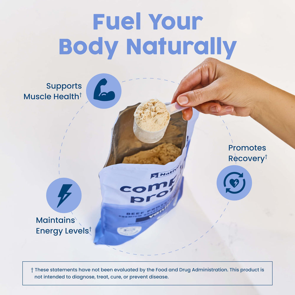 NativePath Grass-fed Beef Protein MCT boost bottle emphasizes energy-friendly formula.