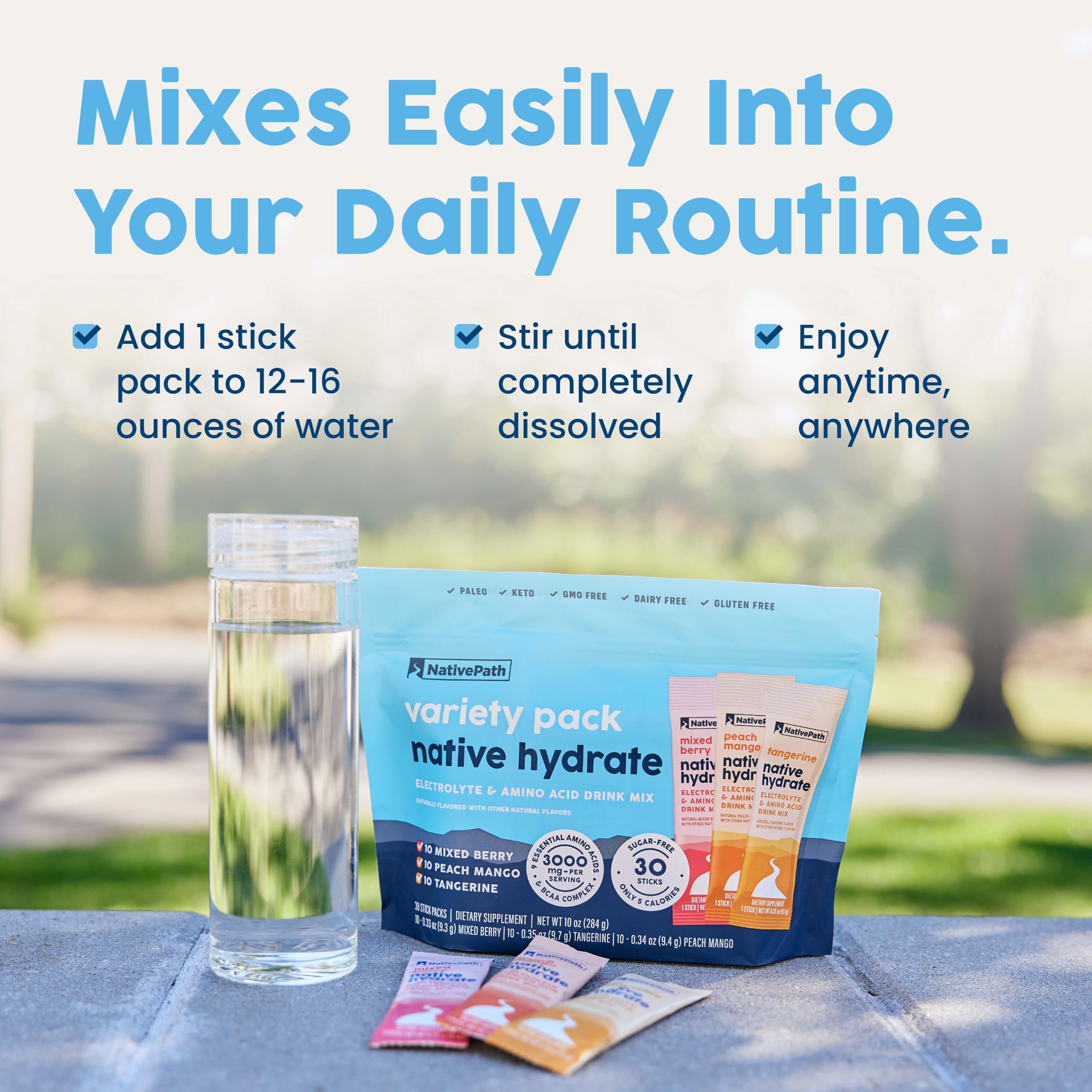 NativePath Hydrate On-the-Go packets ready for travel and workouts