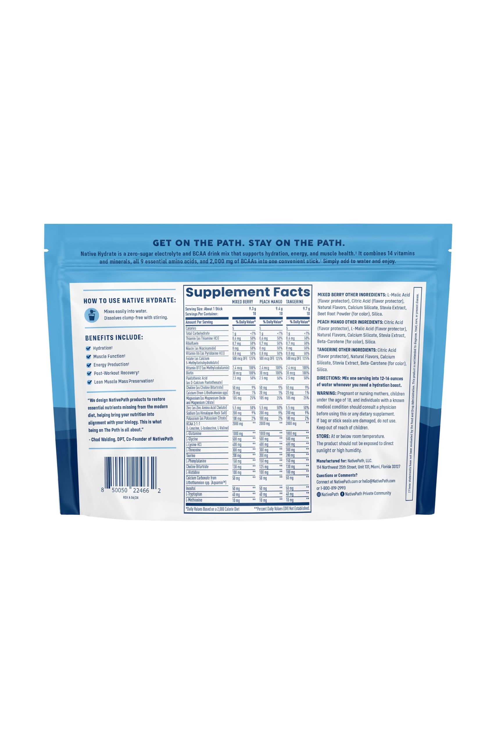 NativePath Hydrate Tangerine stick pack with citrus hydration