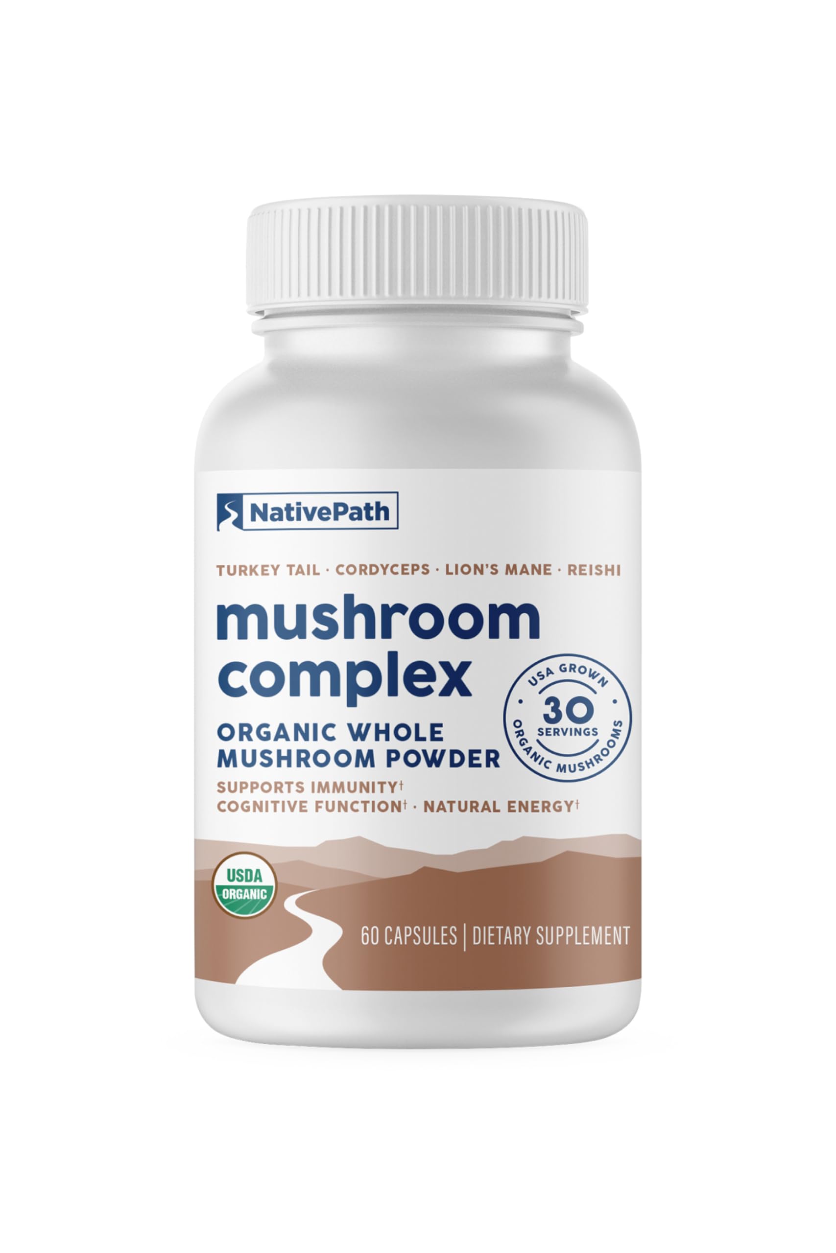 NativePath Mushroom Complex bottle front showing the four-mushroom blend for daily immune support.