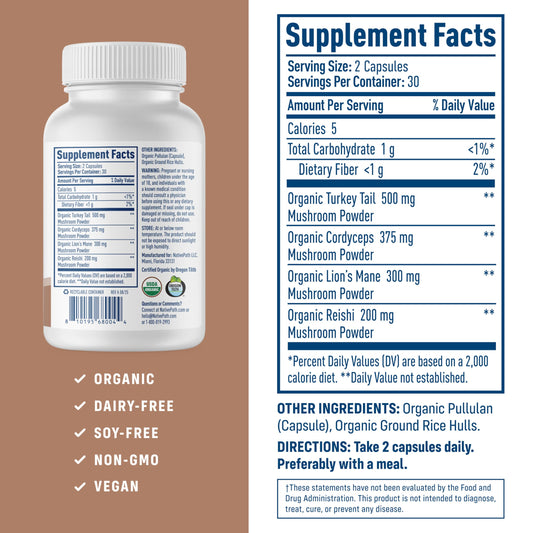 NativePath Mushroom Complex bottle label highlighting organic, non-GMO ingredients for clean supplementation.