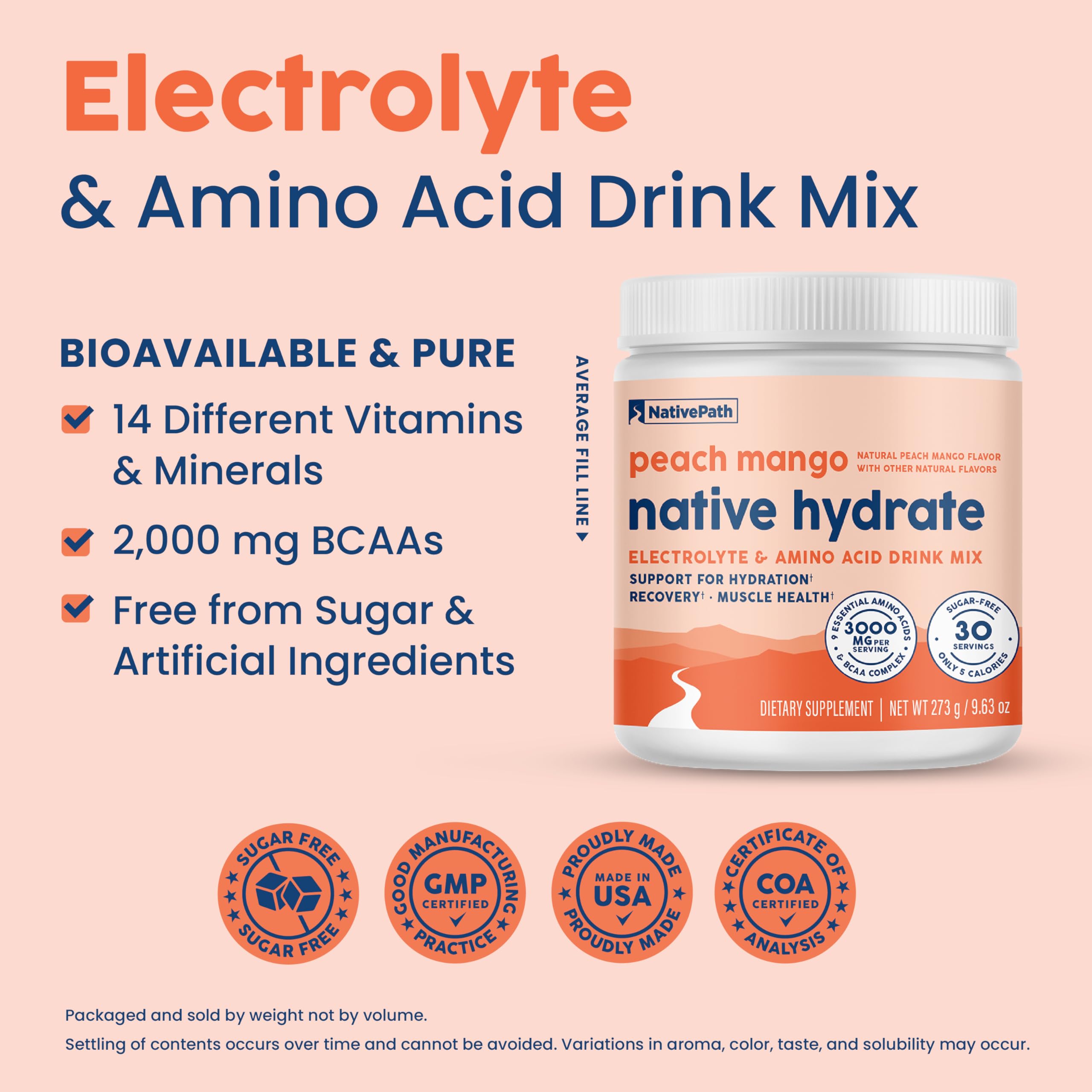 NativePath Native Hydrate ingredients panel showing nutrients and BCAAs.
