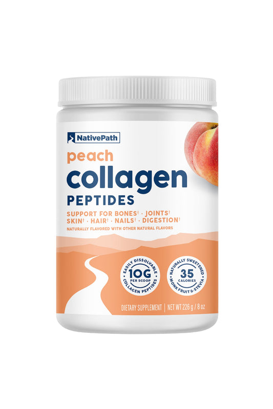 NativePath Peach Collagen bottle pouring for easy daily use.