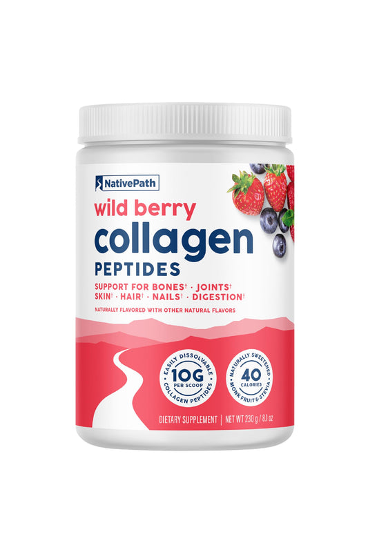 NativePath Wild Berry Collagen bottle on the counter for daily supplementation.