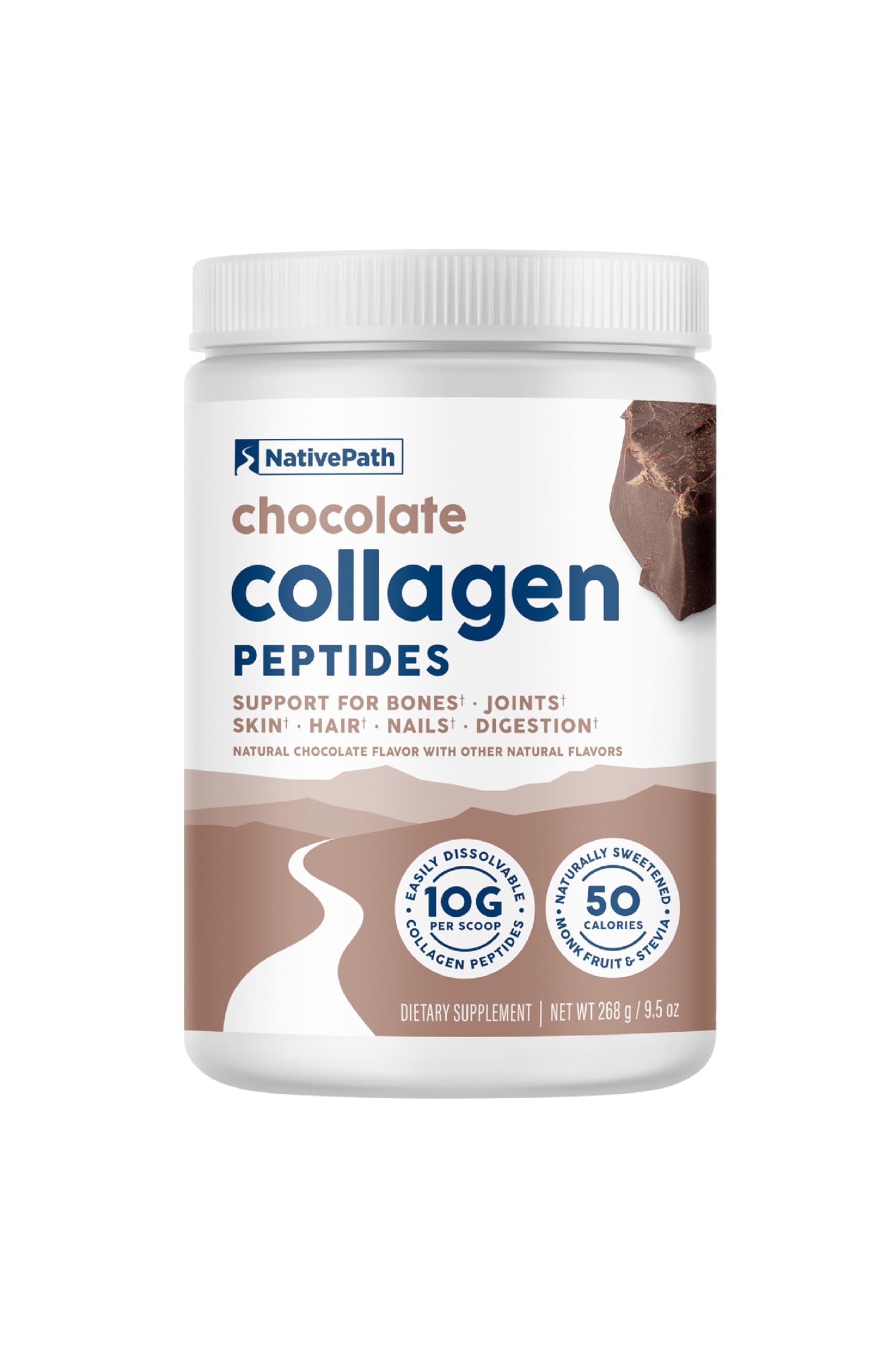 NativePath collagen chocolate tub close-up, premium grass-fed formula for daily shakes.