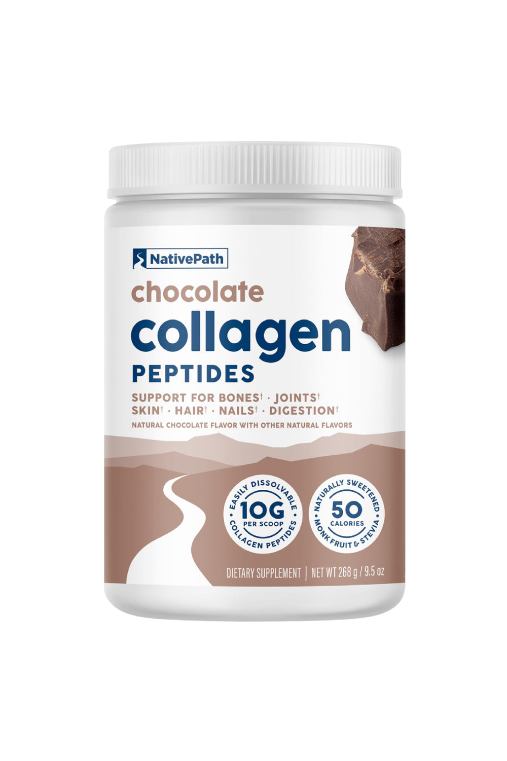 NativePath collagen chocolate tub close-up, premium grass-fed formula for daily shakes.