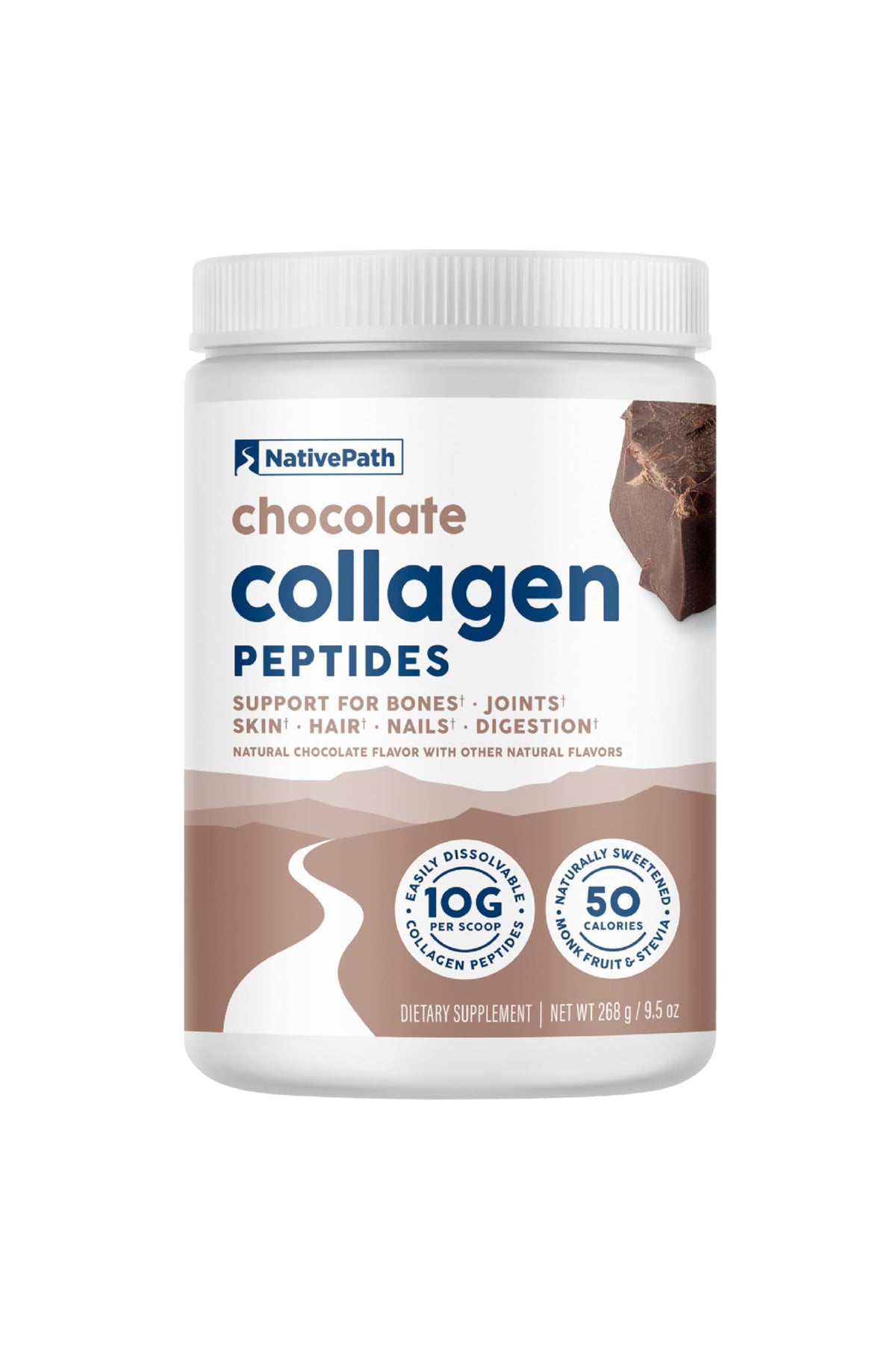 NativePath collagen chocolate tub close-up, premium grass-fed formula for daily shakes.