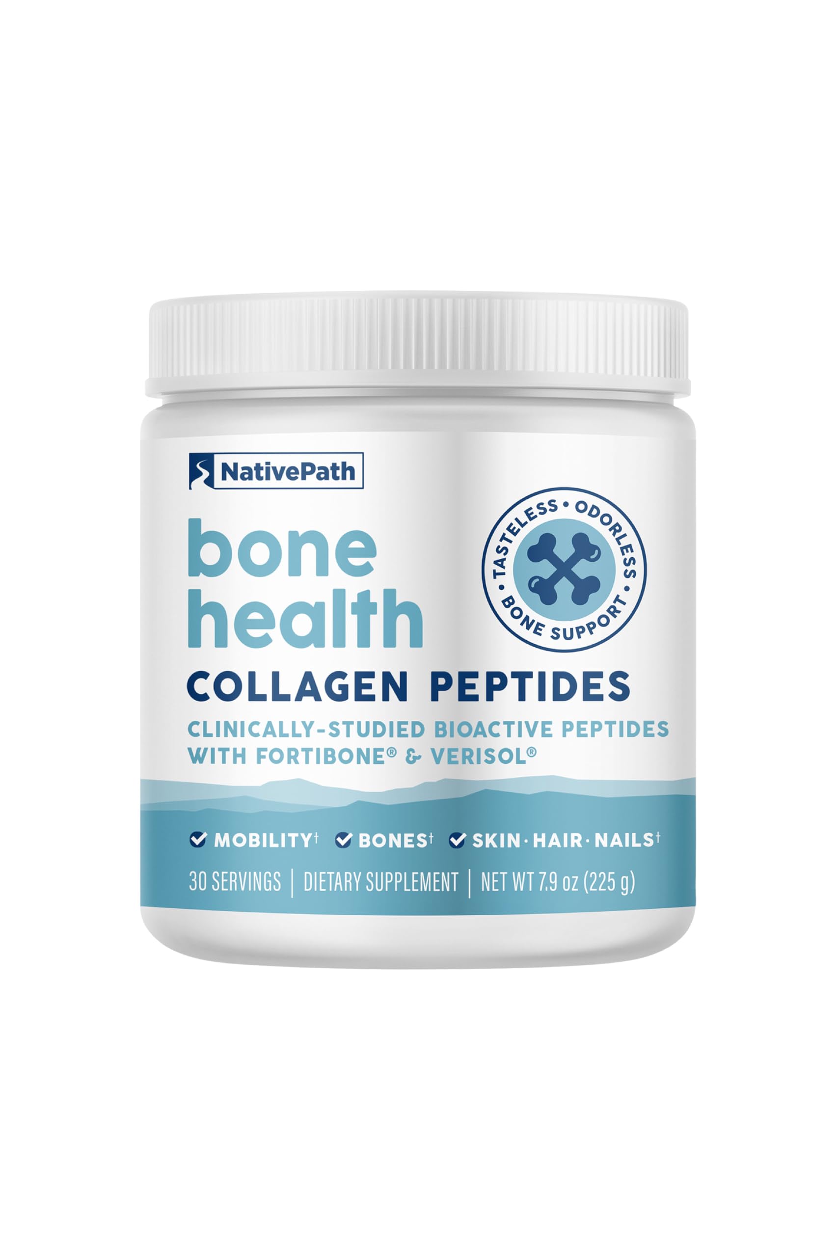 NativePath Bone Health bottle showing Fortibone and Verisol for bone and joint support