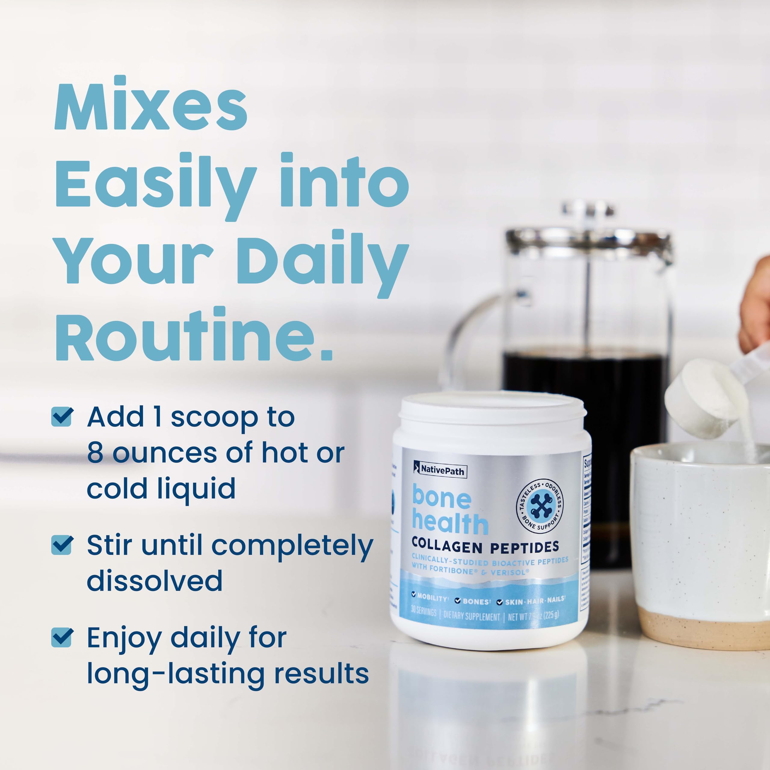 NativePath Bone Health in a glass of water demonstrating convenient daily supplementation