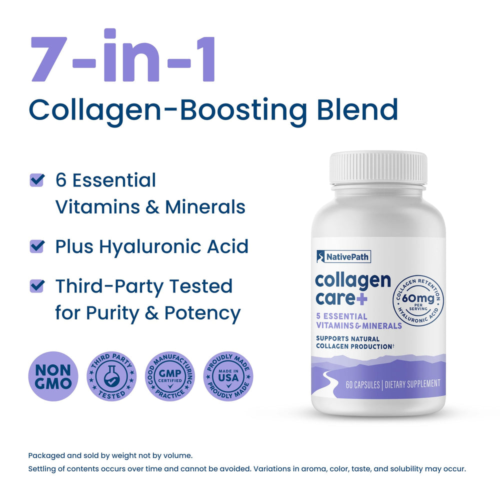 NativePath Collagen Care+ label close-up highlighting the vitamin blend