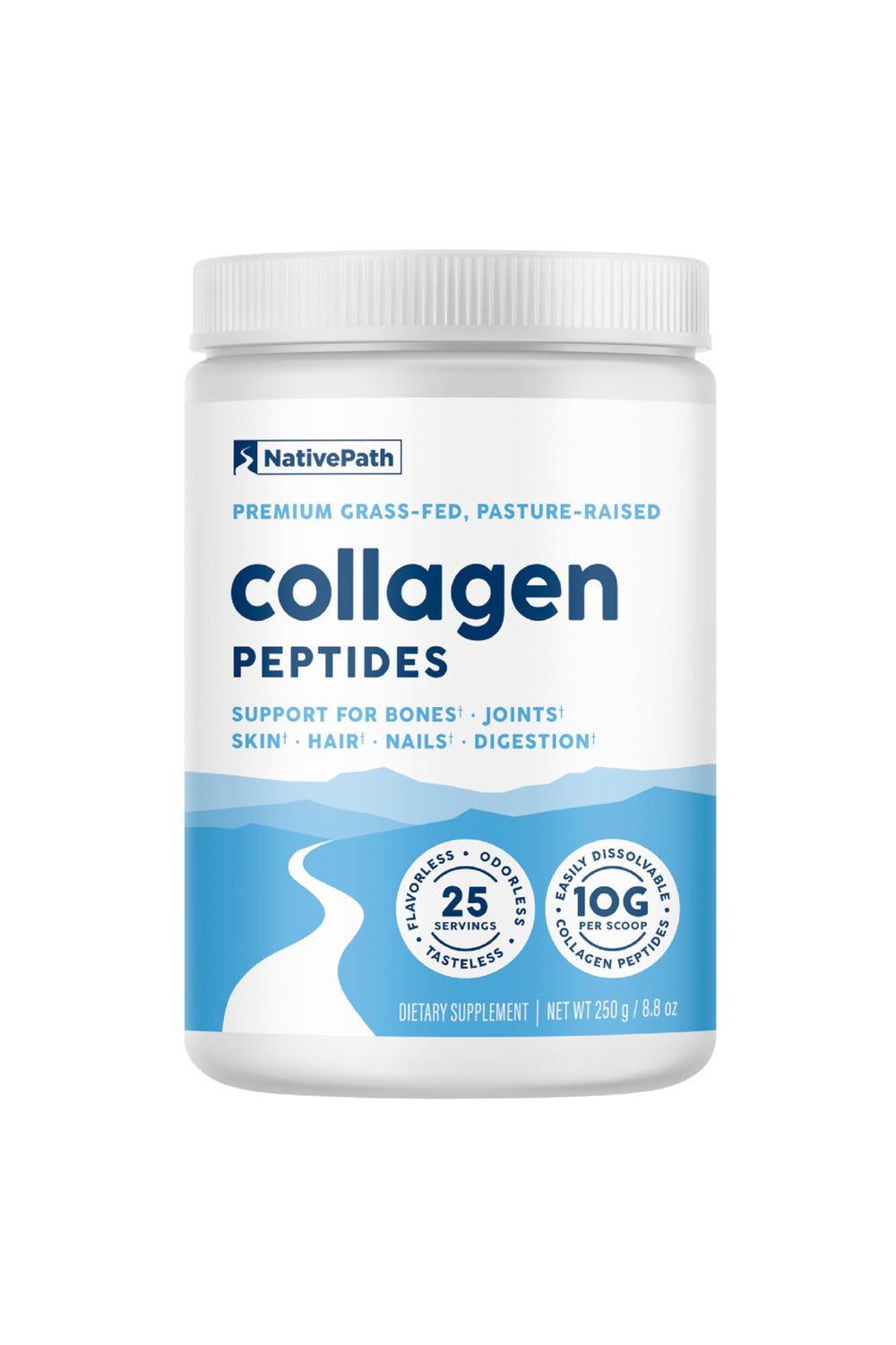 NativePath Collagen Peptides bottle pour demonstrates purity and convenient use.