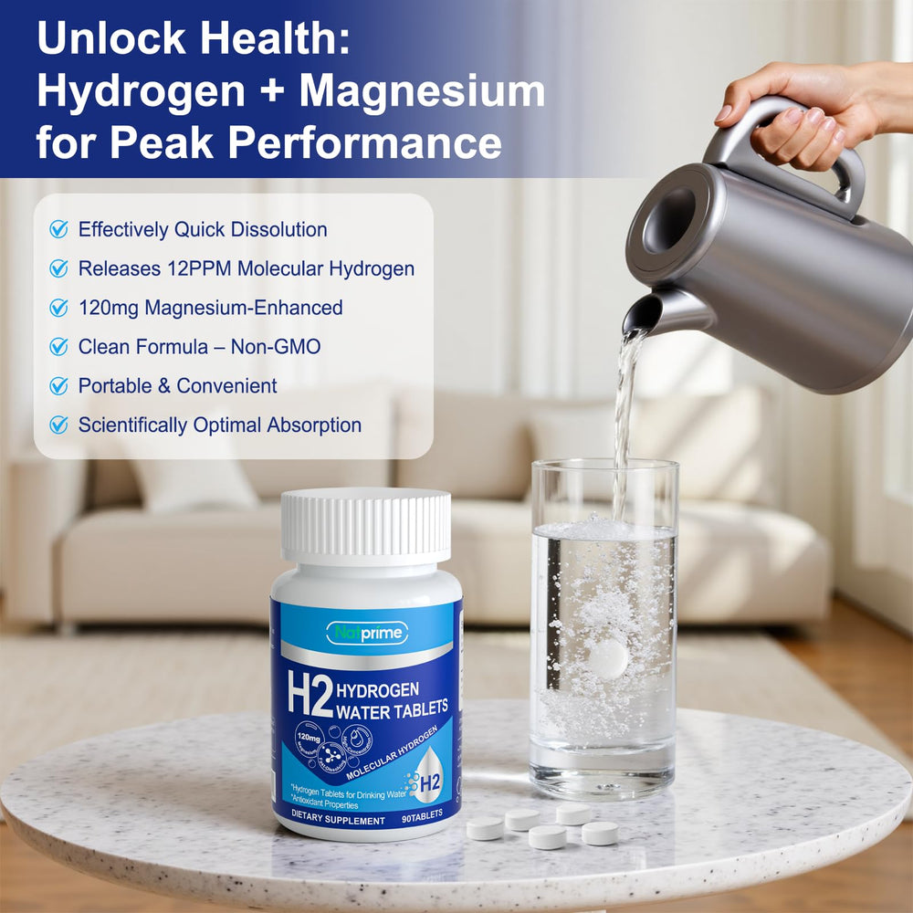 Natprime hydrogen tablets poured into glass with a neutral taste for daily use