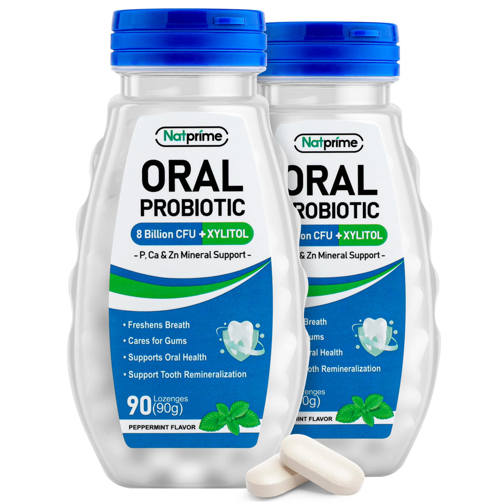 Natprime oral health probiotics 8b cfu 6 strains bottle promotes a balanced mouth microbiome.