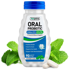 Natprime oral health probiotics bottle shows balanced mouth care for fresher breath