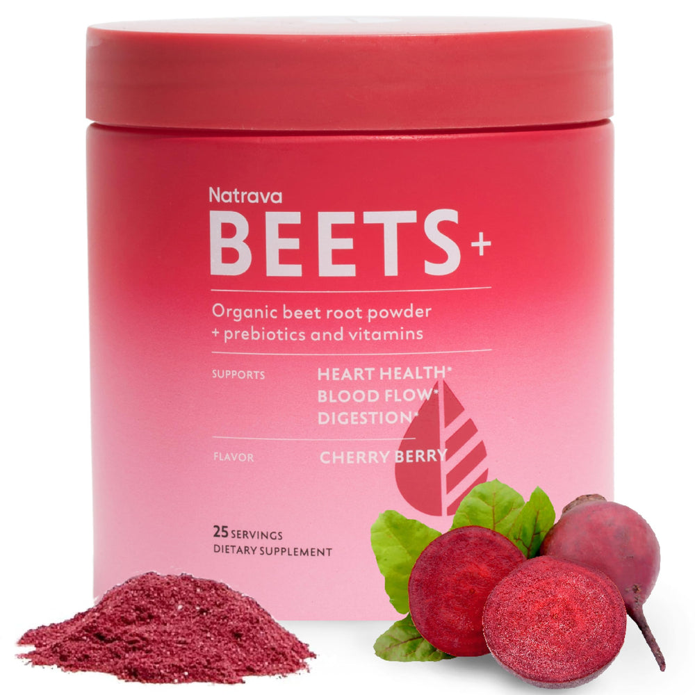 Natrava Beets+ bottle front showcases convenient beet powder for daily energy.