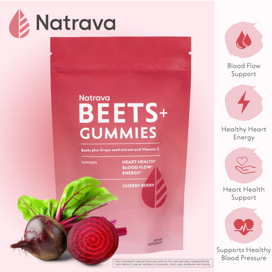 Natrava Beets+ Gummies bottle on a kitchen counter with water for convenient daily support