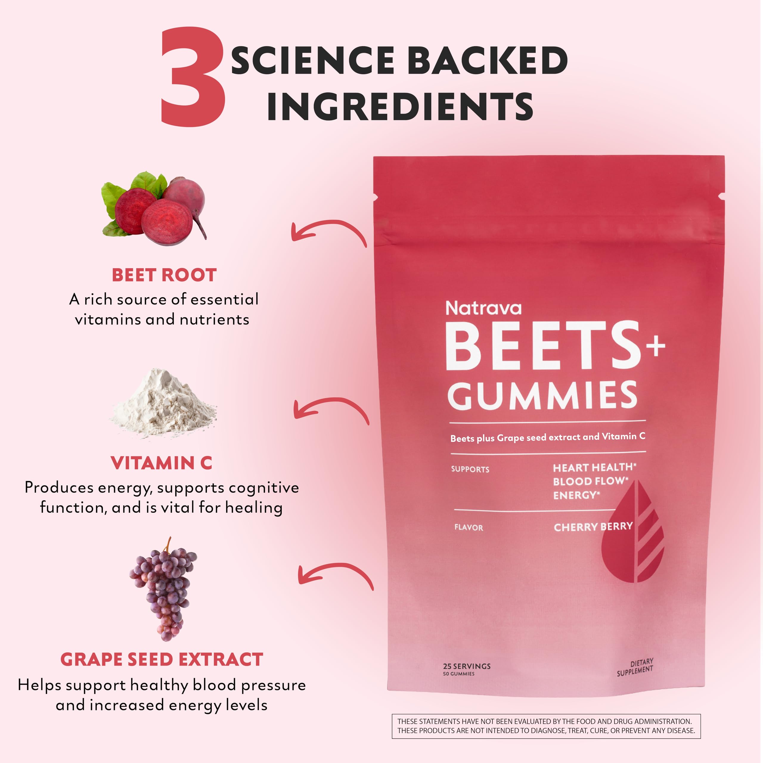 Natrava Beets+ Gummies label highlights vegan, non-GMO ingredients and clean formulation