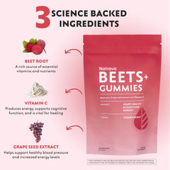 Natrava Beets+ Gummies label highlights vegan, non-GMO ingredients and clean formulation
